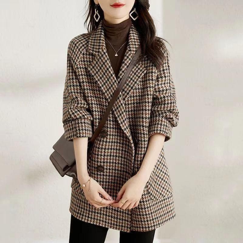 Houndstooth Woolen Coat for Winter New Versatile Warm Suit Collar Long Sleeve Jacket for Women M