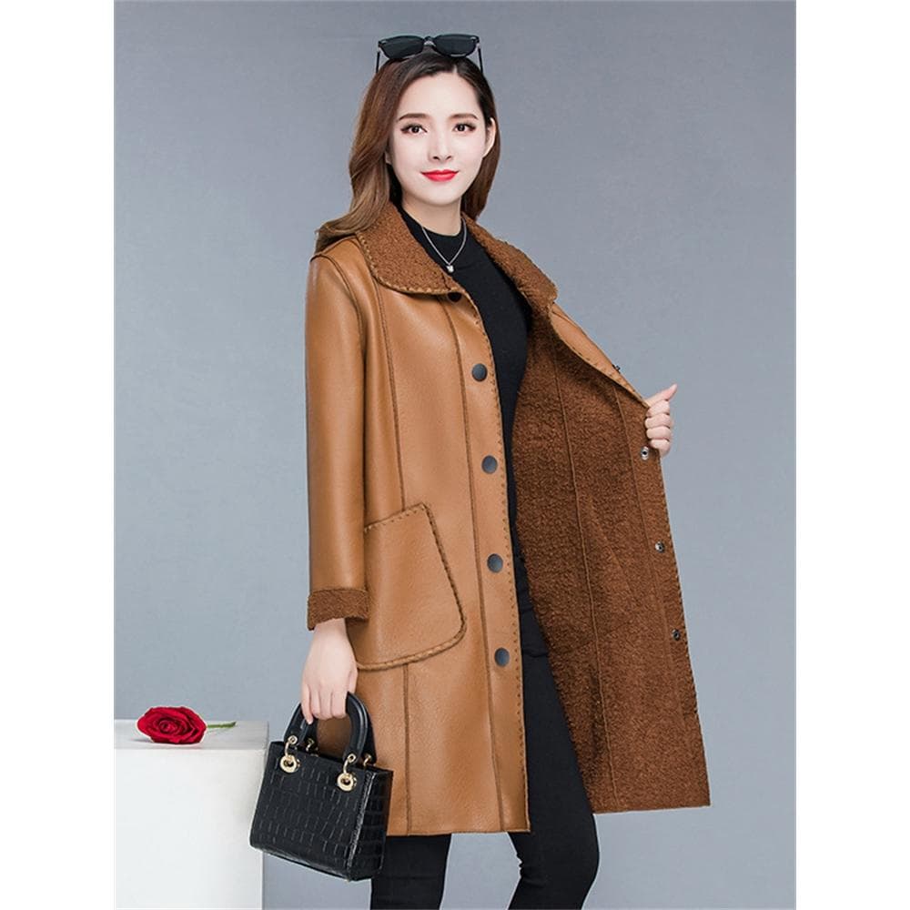 Winter Jacket Women Brown  Doll Collar Autumn New Korean Fashion Slim Add Velvet Long Faux Leather Coat Female XXXL camel