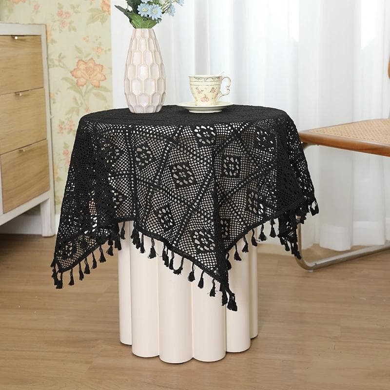 Black Hollow Out Tea Table Cloth Green Table Flag Lace Tablecloth Vintage Pastoral American Rural Cotton Tassel Table Cover 60x60cm 1pcs