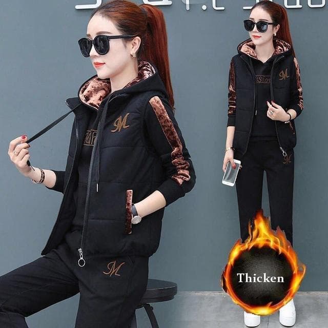 3 Piece Set Women Suit Tracksuit Winter Hoodies+Vest+Pants Track Suit Plus Velvet Warm Sporting Suits Female Clothes 8110924 XL55-60kg black