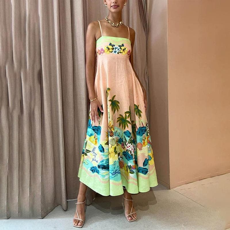 Spring Women's Clothing New Elegant High-waist Printed Suspender Casual and Fashionable Dress 3XL
