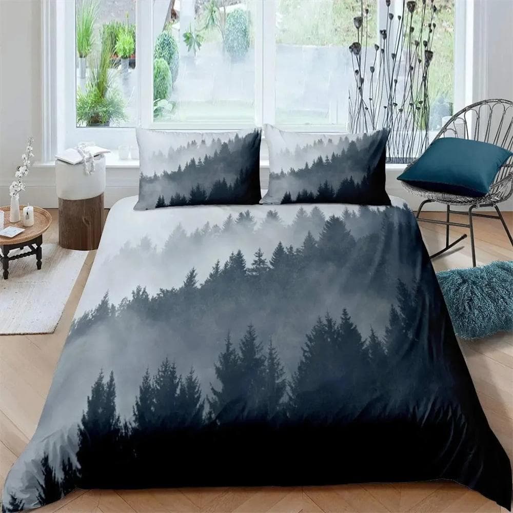 Smoky Mountain Duvet Cover Set Misty Forest Bedding Set Full Queen Size Grey Trees Natural Scenery Art Comforter Cover 150X200cm-3pcs