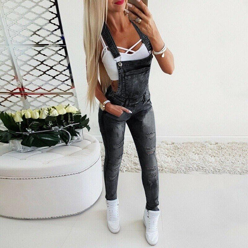 Womens Denim Overalls Jumpsuits and Rompers Skinny Slim Fit Jeans Long Jumpsuit Ripped Hole Pencil Pants Overalls S black