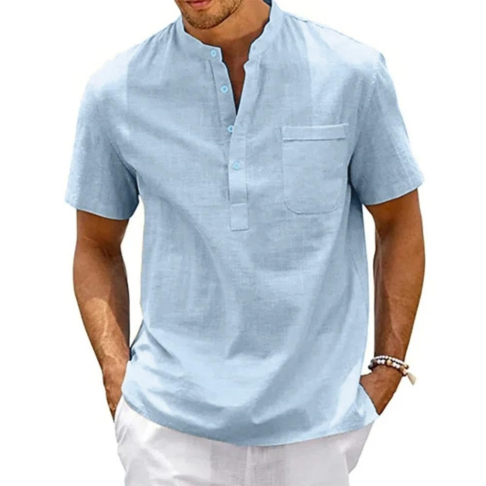 Summer Cotton Linen New Men's Short-Sleeved T-shirt Casual Men's T-shirt Shirt Male Pocket Breathable S-3XL XL light blue