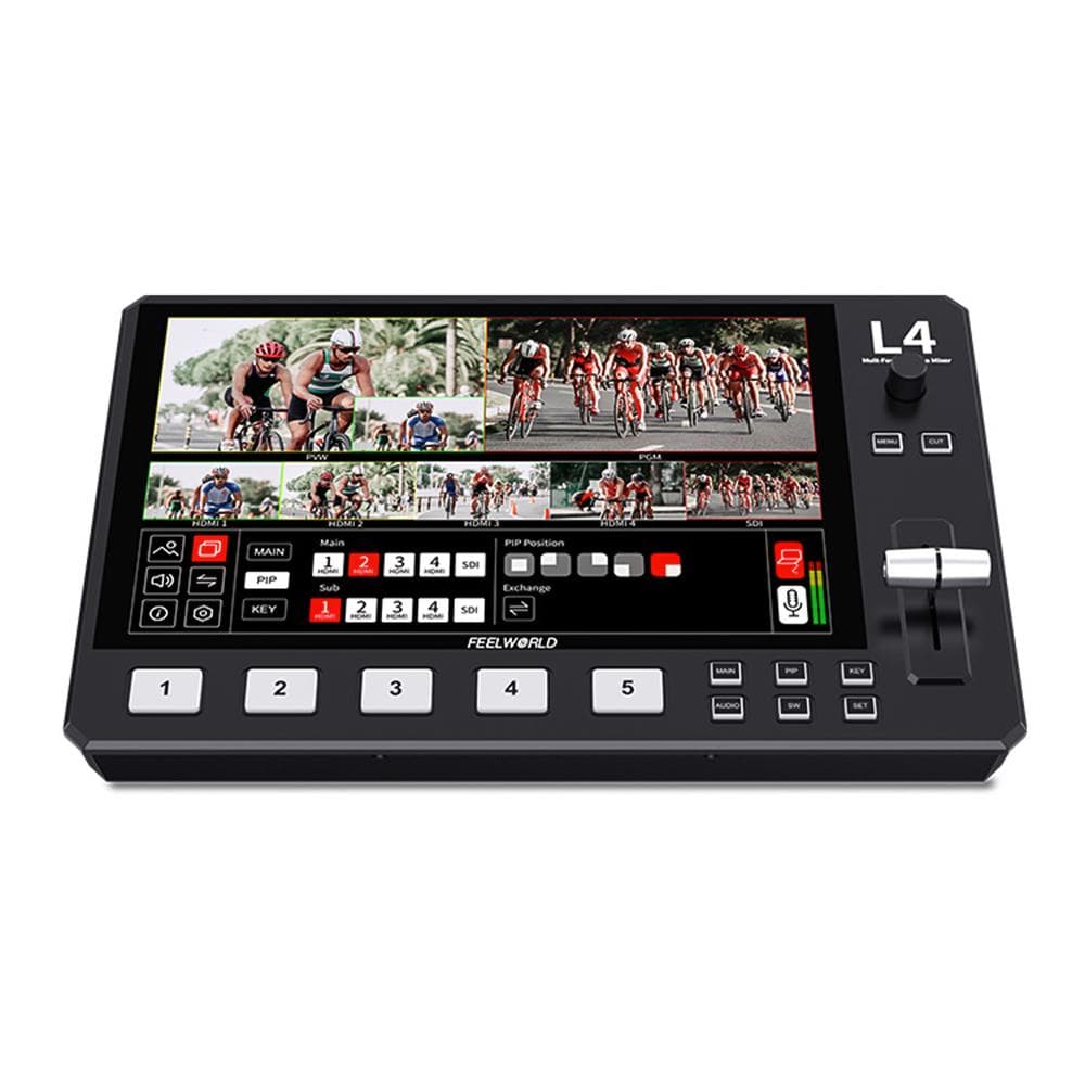 FEELWORLD L4 Multi-Format Video Mixer Switcher with 10.1 Inch Touchscreen Built-in Cooler 4 x HDMI UK Plug black