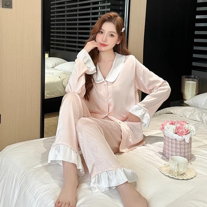 Spring and Autumn New Ice Silk Long Sleeve Pajamas Women's Jacket Summer Homewear Casual Suit XL pink