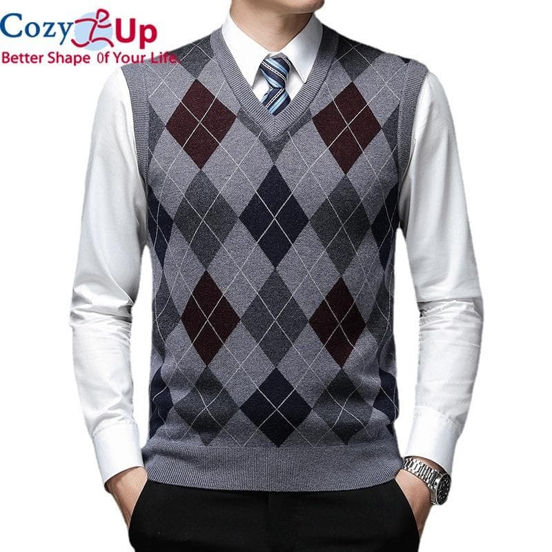 Cozy Up Pullover Diamond Sweater V Neck Knit Vest Men Wool Sleeveless Casual Men Knitted vest large sizes L gray
