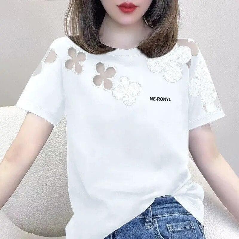 Women Elegant O-Neck Short Sleeve T-Shirts Summer Fashion Solid Color Lace Hollow Out Ladies T-Shirts Casual Loose Tee Shirt Plus Size XXXL white