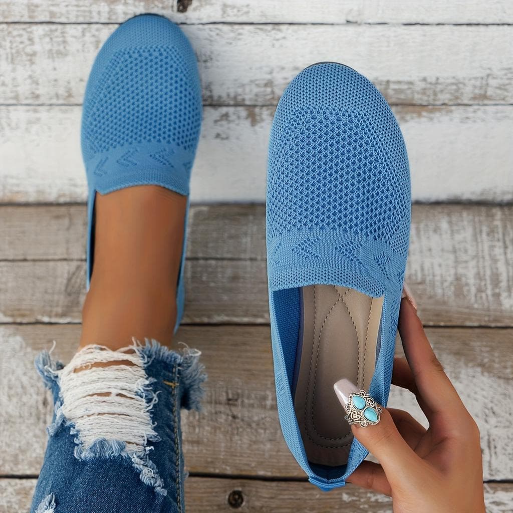 NEW Women's Flat Round Toe Knitted Shoes, Women's Solid Color Slip on Walking Mesh Shoes, Breathable Daily Ladies Shoes Footwear 39 blue