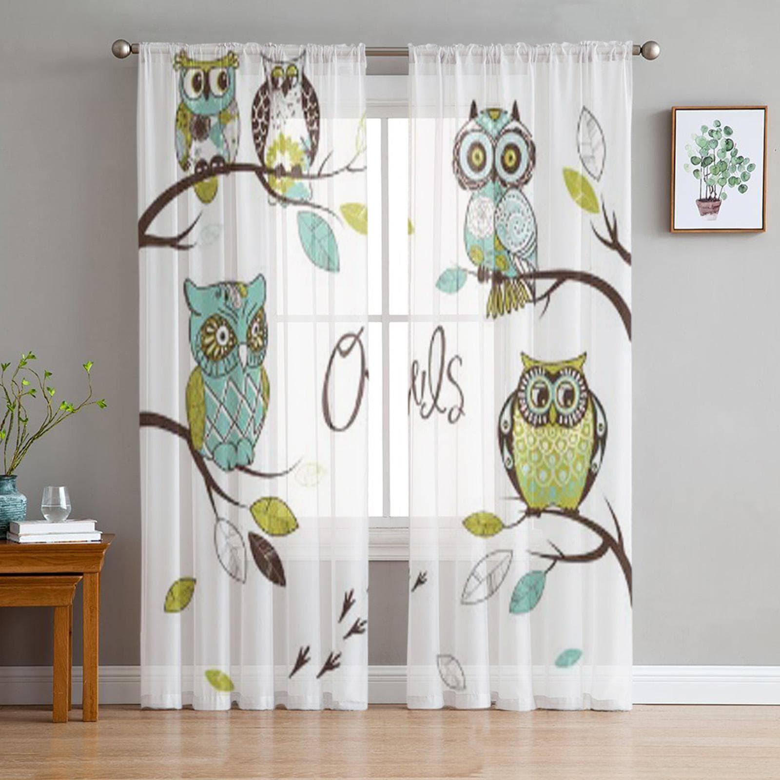 Five Different Owls Sitting On The Tree Brunches Tulle Sheer Curtains for Living Room Kitchen Decoration Voile Organza Curtains 135W x 114H(cm)