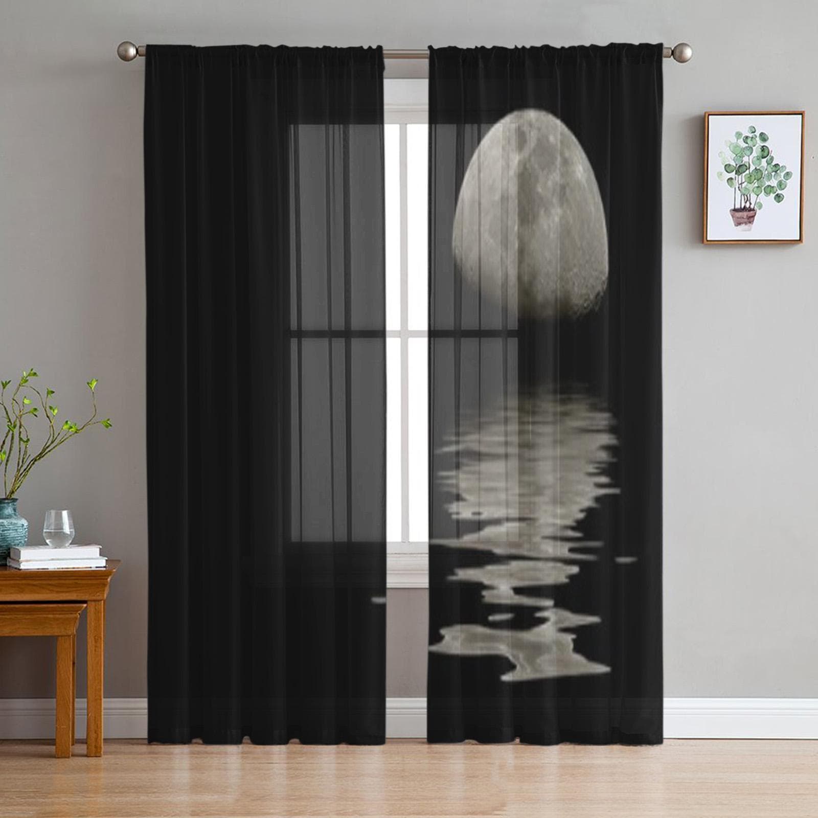 Moon Reflection In Wavy Water Chiffon Sheer Curtains for Living Room Bedroom Kitchen Decoration Window Voiles Tulle Curtain 135W x 114H(cm)