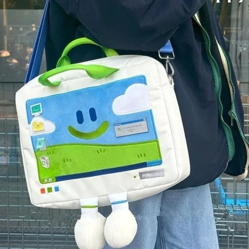 Funny Cartoon Smiling Face Shoulder Bag for Students All-match Embroidery Laptop Bags Fashion Large Capacity Versatile Bags beige
