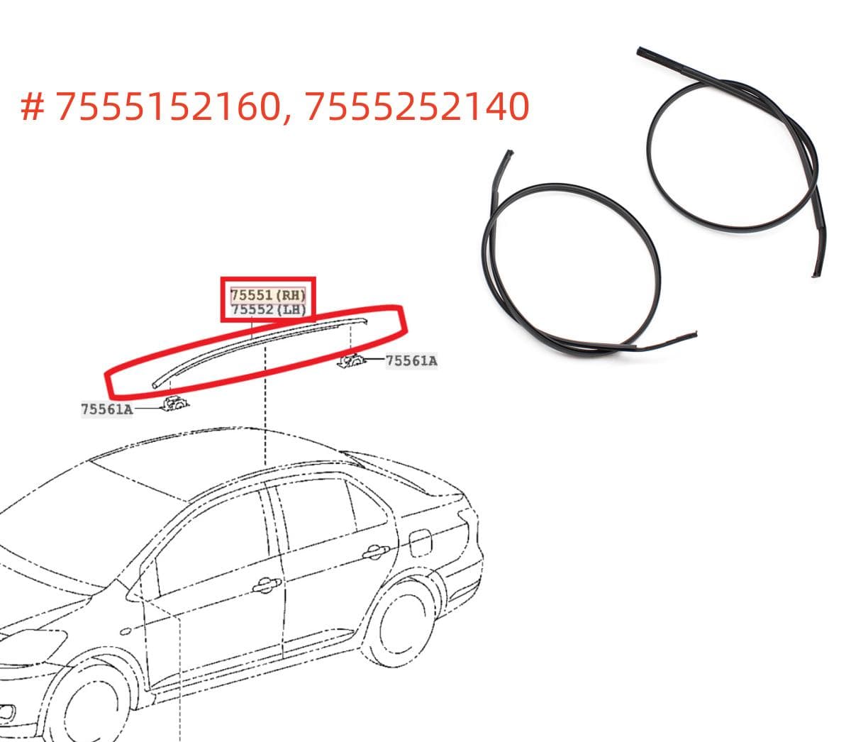 Left & Right Side Roof Drip Moulding Trim Set For 2007-2011 Toyota Yaris Sedan