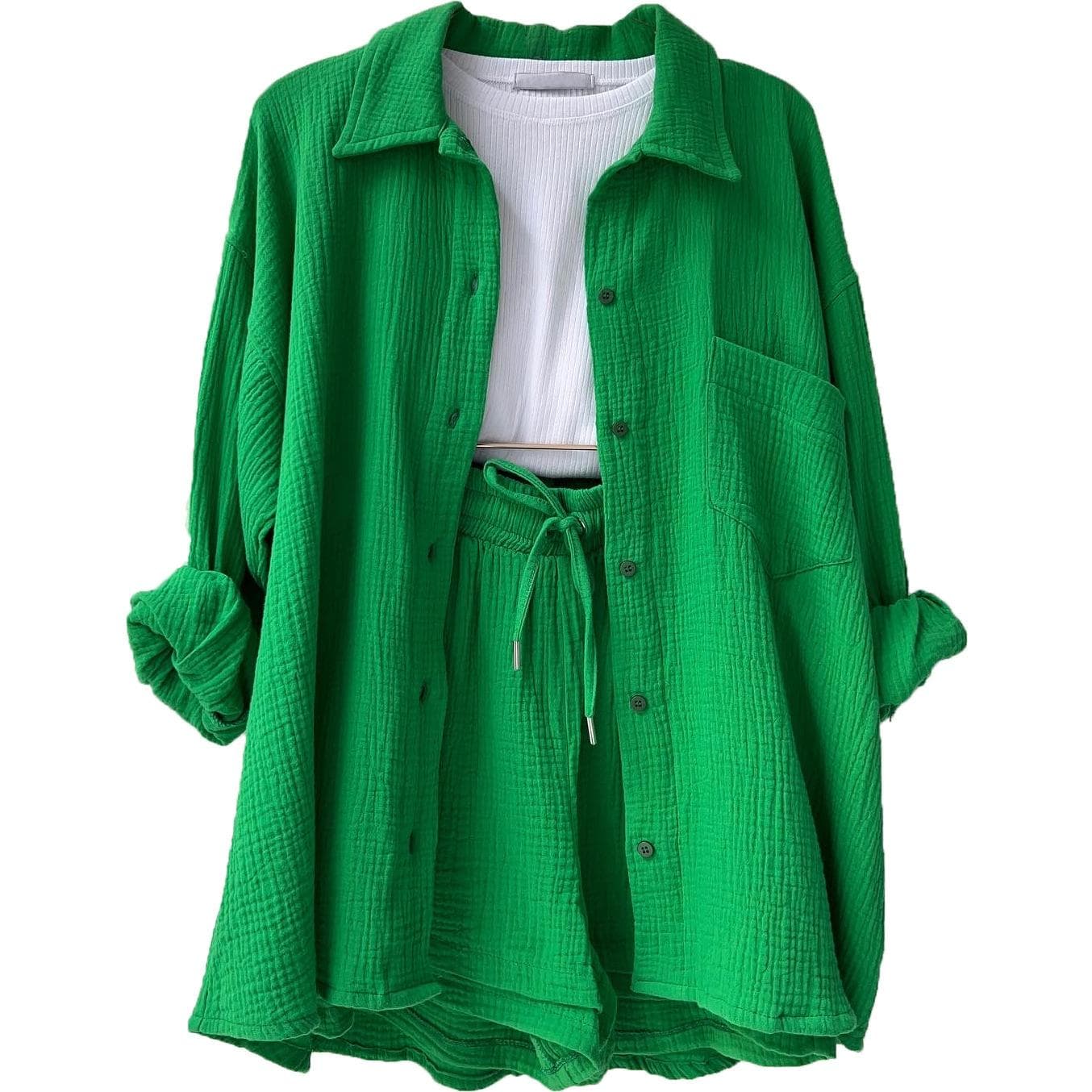Solid Pleated Two Piece Set For Women Summer Women's Two Piece Casual Long Sleeve Short Sets Fashion Button Outfits Suit XXL green