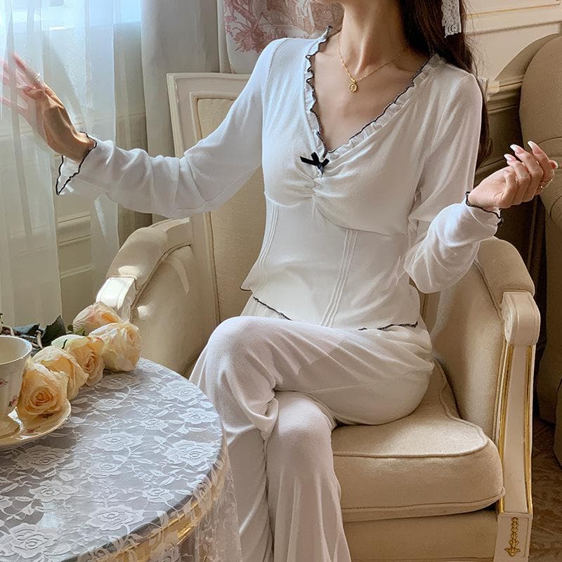 Long Sleeve Top&Pant 2PCS Female Sleepwear Cotton Pyjamas Suit Sweet Homewear Spring Summer Loungewear Pajamas Suit Nightwear XL