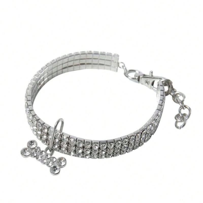 High-Grade Pet Collar, White Necklace For Cats And Dogs With Three Rows Rhinestone Bone Decoration, Suitable For All Seasons S silver
