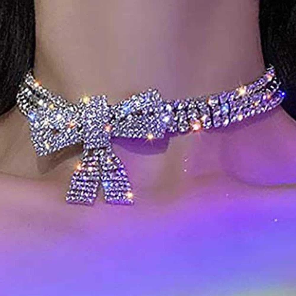 Fashion Rhinestone Bow Pendant Choker Necklace for Women Wedding Accessories Punk Gothic Crystal Collar Chokers Jewelry Gift silver