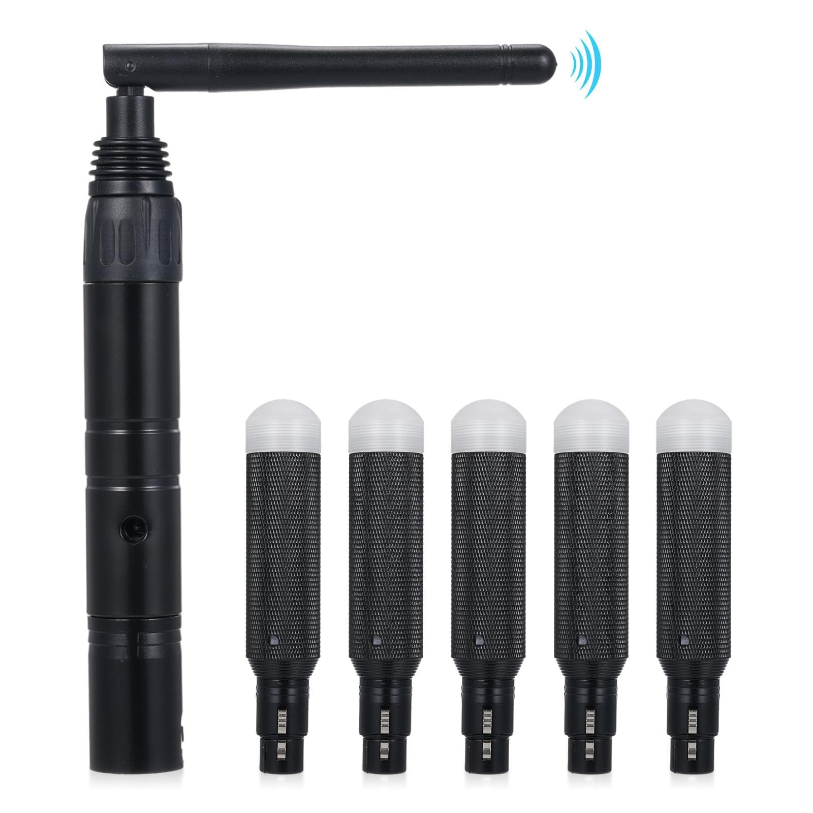 DMX512 2.4G ISM Wireless Transmitter + Receivers Built-in Rechargeable Batterys Long Visible 5 Receivers & UK Plug black