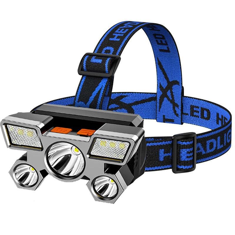 5 Lights LED Headlamp Strong Light Super Bright Head-Mounted Flashlight Outdoor Rechargeable Night Fishing Headlight Sources blue