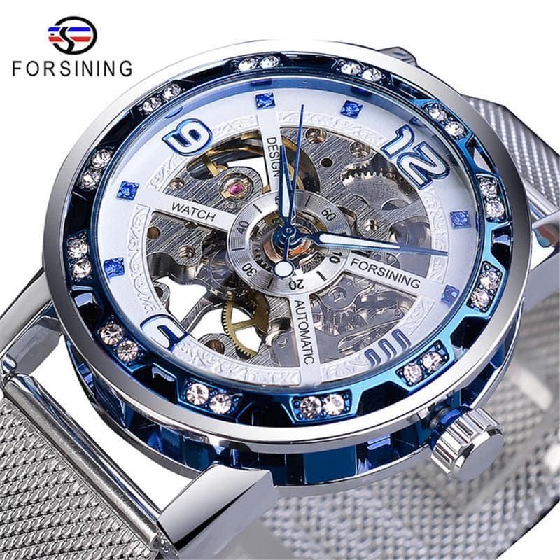 Forsining Watch Men's Fashion Casual Classic Popular Mesh Belt Hollow Rhinestone Manual Mechanical Watch