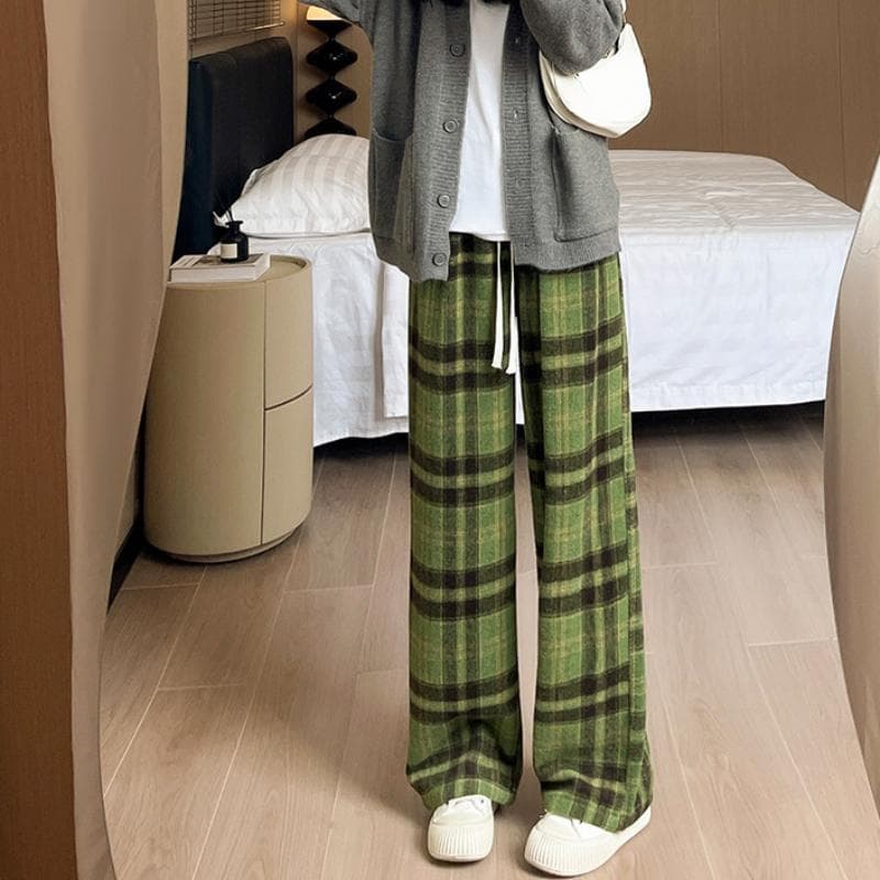 Tweed Plus Velvet Plaid Pants for Women In Autumn and Winter New Loose Retro Casual Pants Straight and Floor Lazy Wide-leg Pants XL