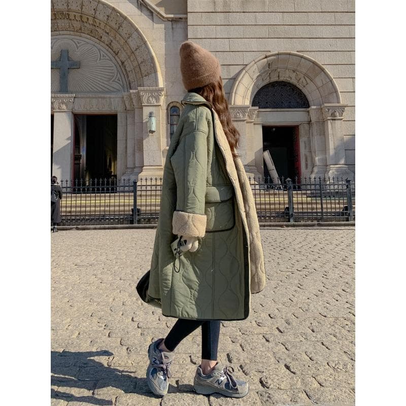 Mid-length Cotton Coat for Women, Thickened Winter New Style, Lamb Wool Lining and Velvet Pie Overcoat, Cotton Coat and Jacket XL