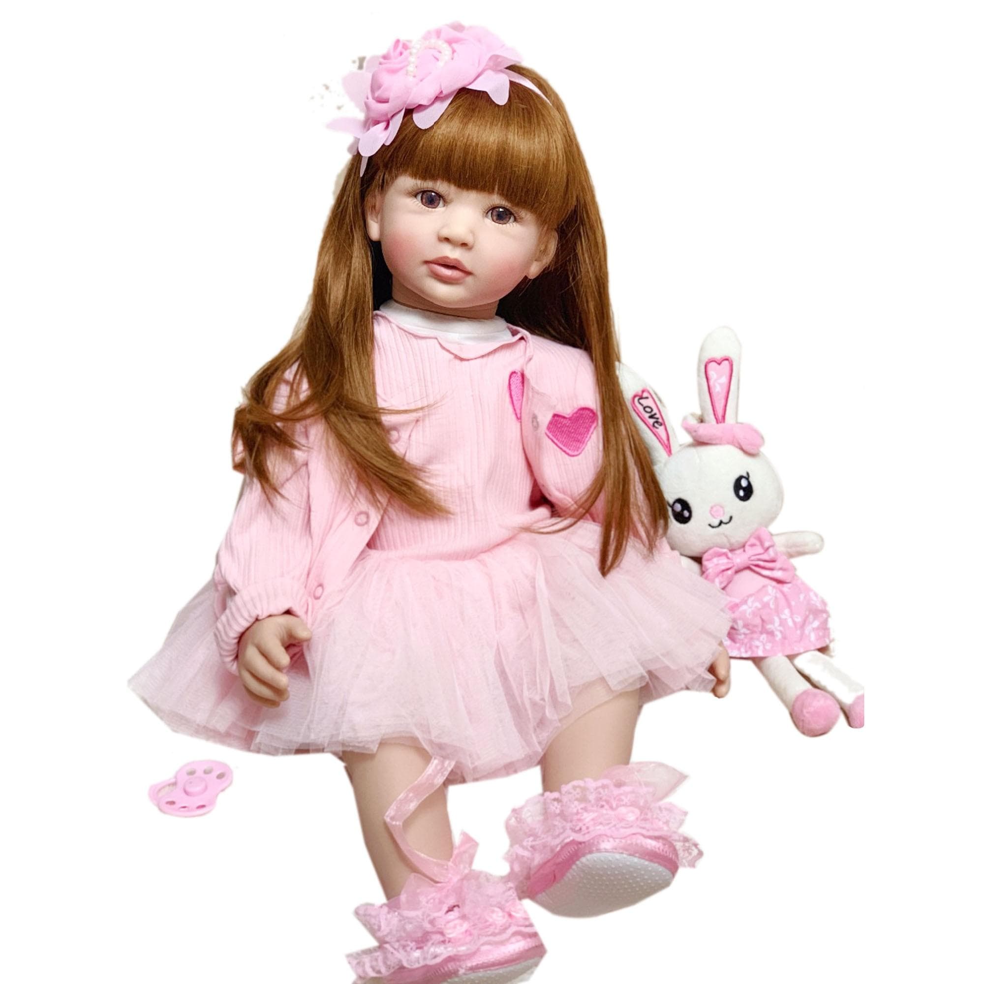 BZDOLL 60cm Soft Silicone Reborn Baby Doll Toy For Girl Long Hair Princess Toddler Babies Lifelike Alive Bebe Bonecas Kid Birthday Gift 60cm Doll, Brown eyes