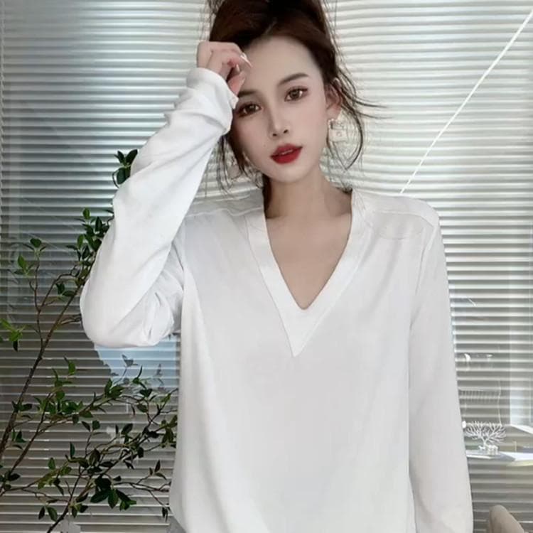 Cotton V-neck Long-sleeved Bottoming Shirt Women's Spring and Autumn Internet Celebrities Foreign Versatile Loose and Thin Top T-shirt 2XL white