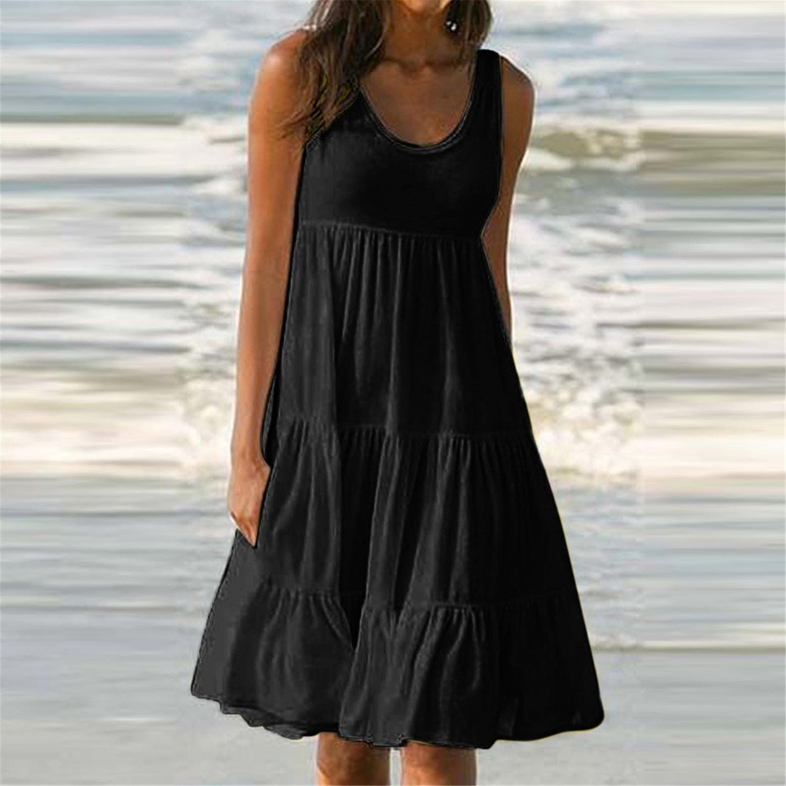 Women's Vest Dresses Summer Spring Pleated Bohemian Dresses Cute Sleeveless Flowing Beach Straight T-Shirt Tank Dresses Round Neck Dresses XXL black