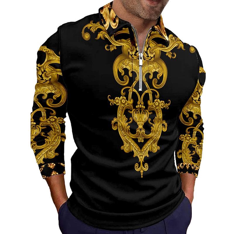 Brand Men Polo Shirt Long Sleeve Shirt 2022 Spring Autumn Golden Pattern Print Casual Fashion Polo Shirt Men 2XL