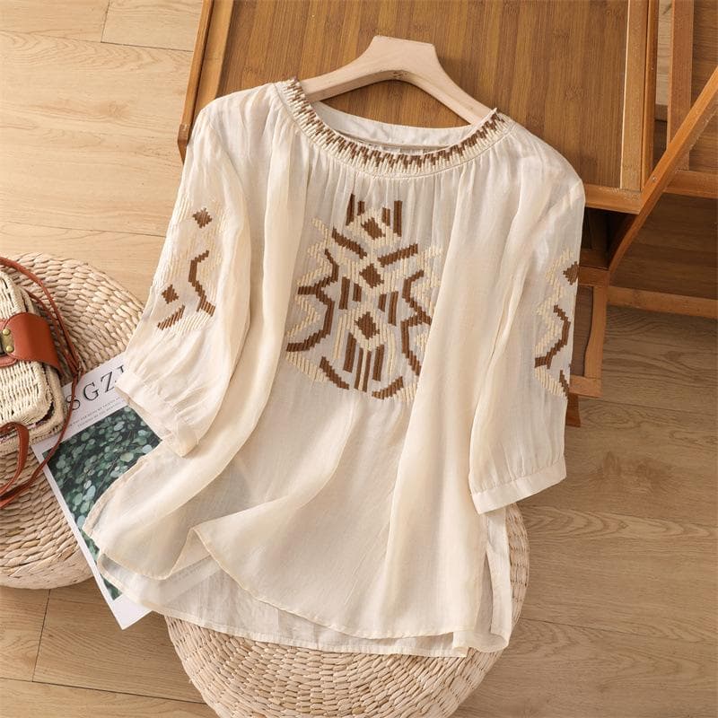 Heavy Industry Embroidered Cotton and Linen Five-point Sleeve Shirt for Women New Summer Loose Slim Round Neck Pullover Cotton and Linen Top 4XL