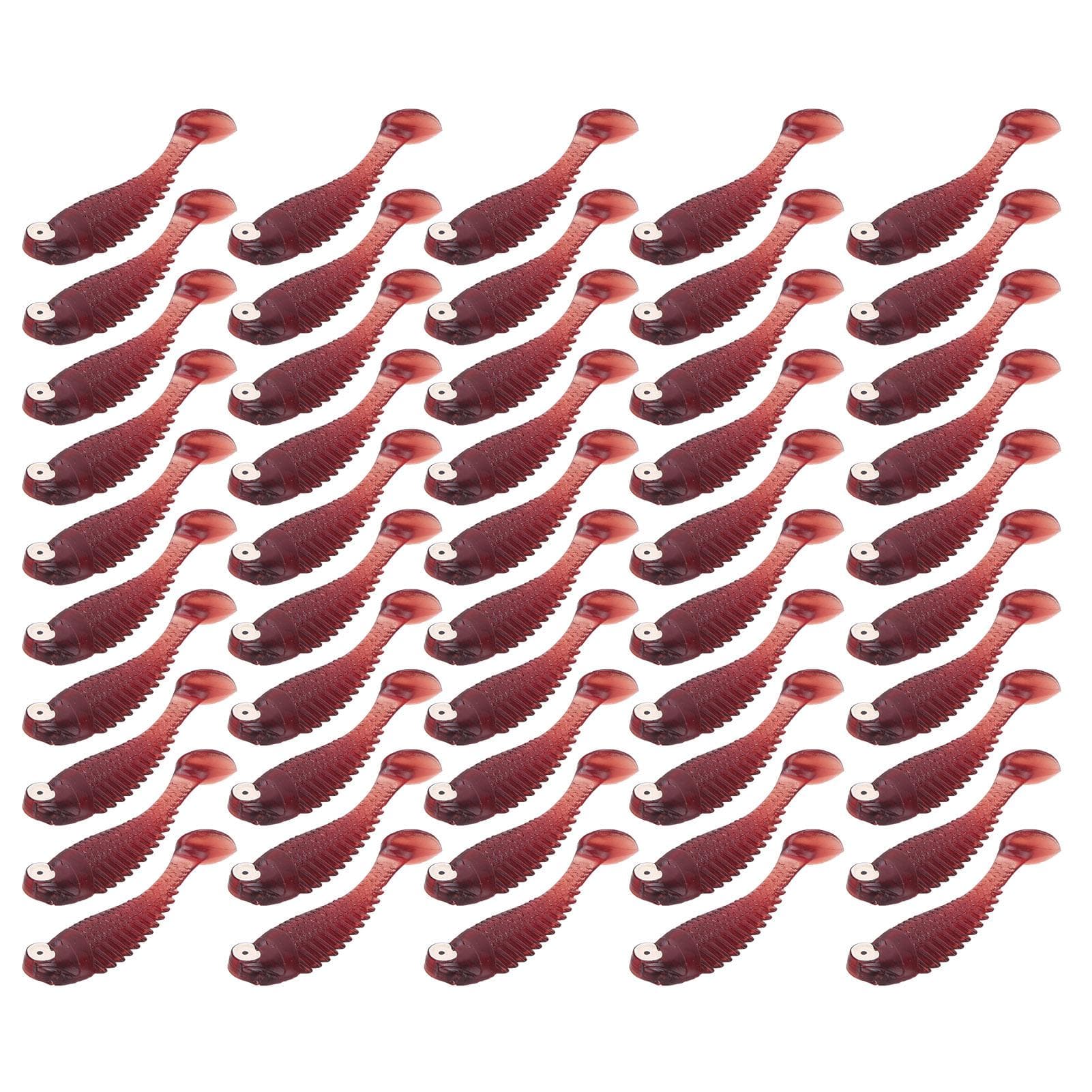 50PcsBag Artificial Fishing Lures Soft Silicone Baits Lifelike Paddle Tail SwimbaitWine Red Color