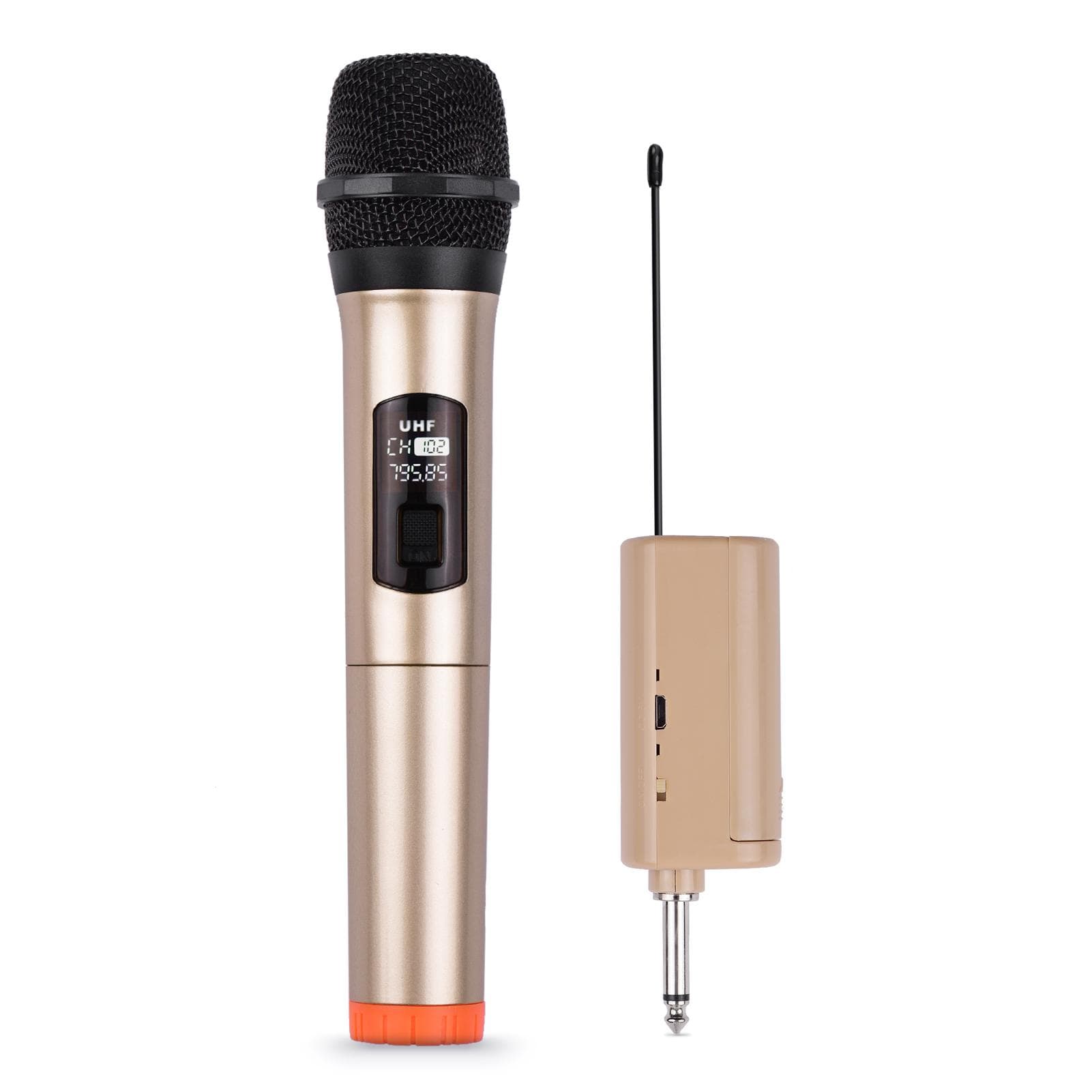 Handheld Wireless Microphone UHF Dynamic Mic with Portable Mini Receiver 6.35mm Plug Compatible gold