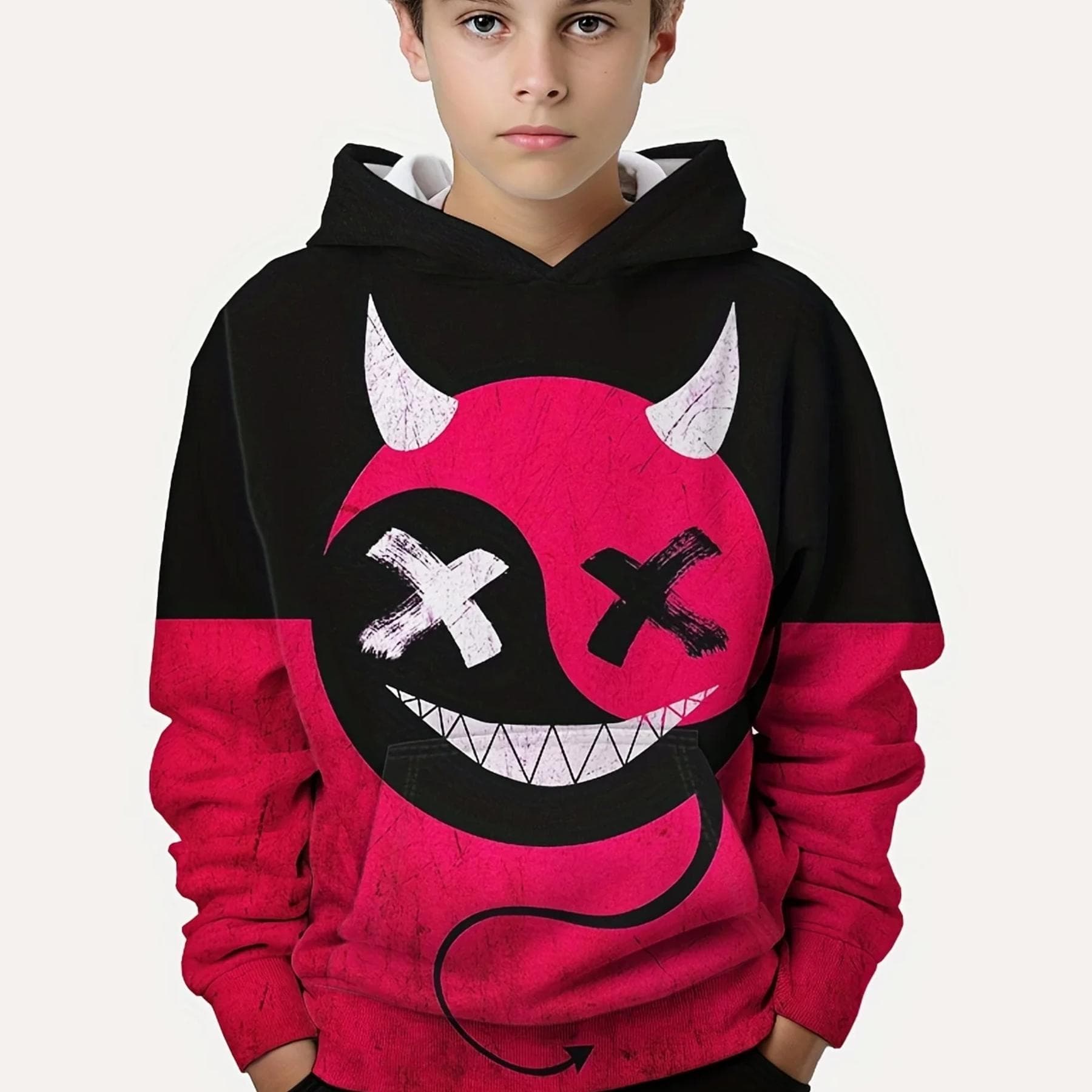 2023 Color Block Funny Smiling 3D Print Boys Casual Pullover Hooded Long Sleeve Sweatshirt For Spring Fall Kids Tops Outdoor 110