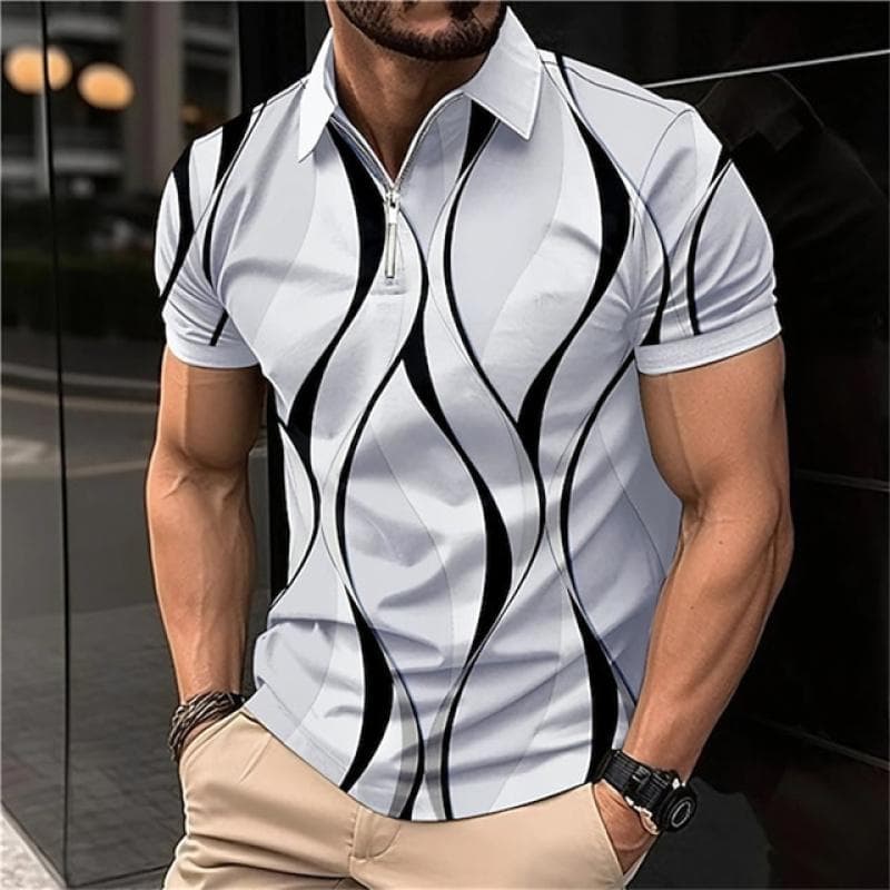 Classic Pattern Printed Fashionable Polo Shirt,2023 Summer New Men's Polo Shirt with Lapel Zip. M white
