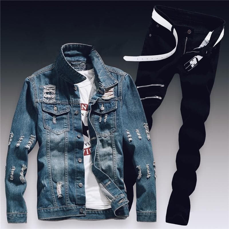 Spring Mens Denim Two Piece Set Hole Ripped Slim Fit Jacket Jeans Sets Male Casual Vintage Ropa Hombre Cargo Suit Streetwear S