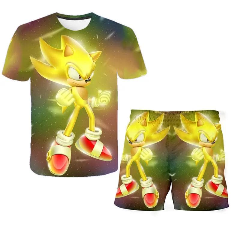 2025 MINISO New boys and girls super sonic Tshirts+shorts  Harajuku Sonic print suit T-shirt + shorts fashion street style children's short sleeves 130