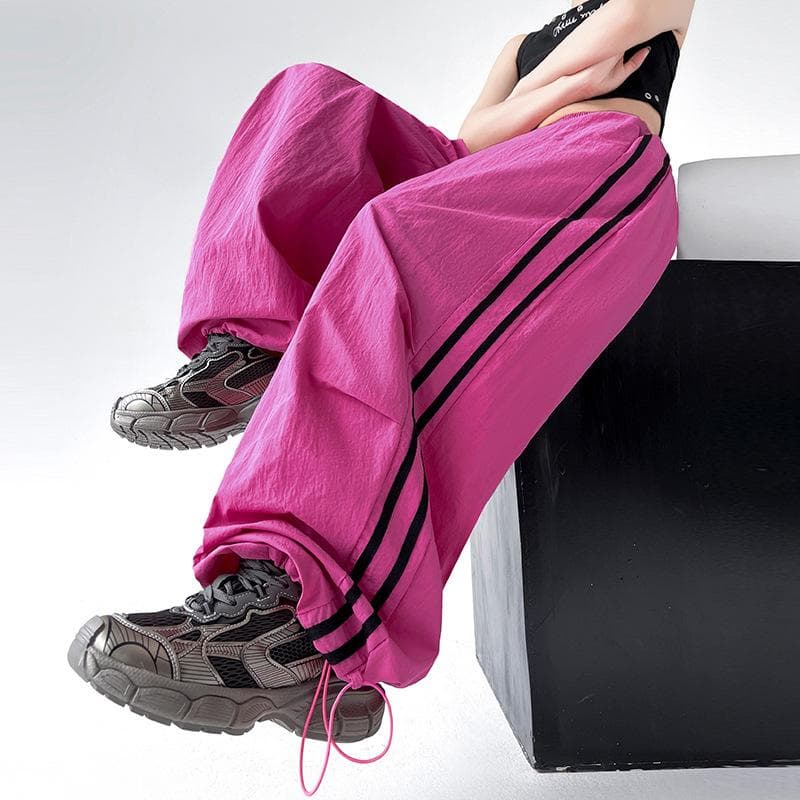 New American Striped Work Pants for Summer Women's High Waist Drawstring Wide-leg Trousers Casual Loose Sports Pants 2XL