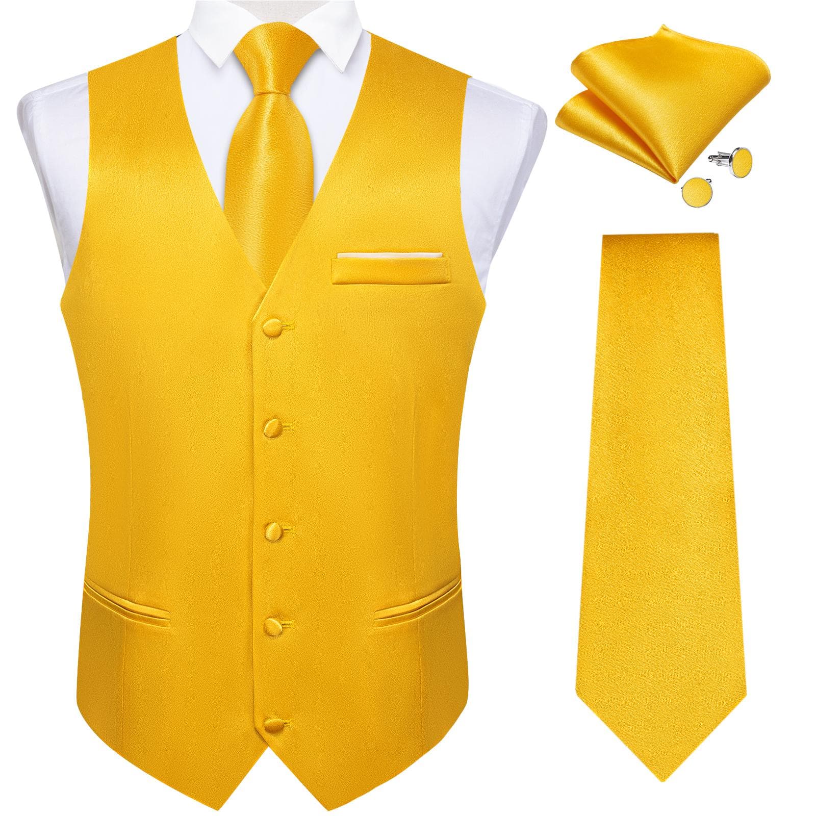 Dibangu Mens Yellow Paisley Vest Suit Waistcoat Hanky Cufflinks Tie Set Wedding S
