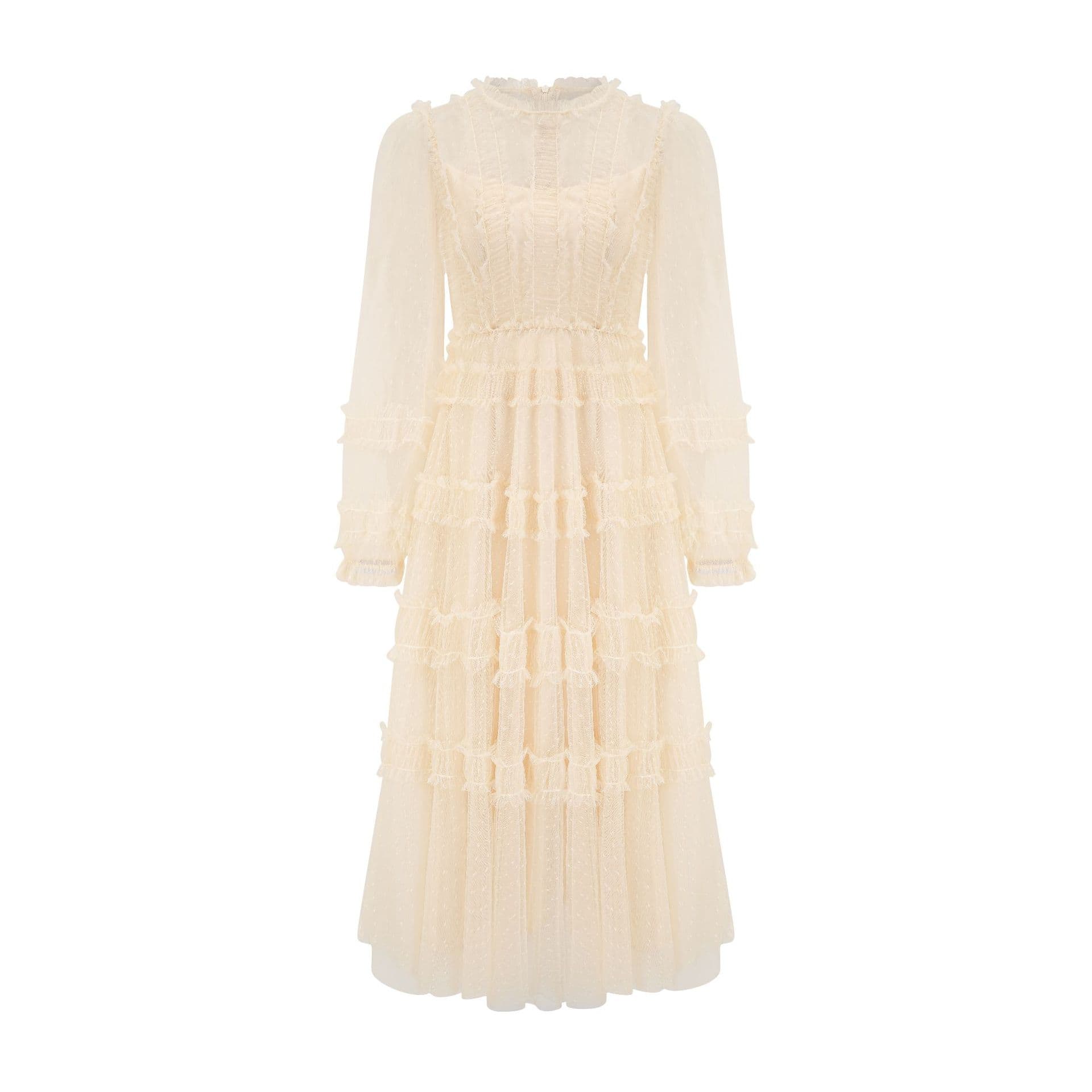 New Round Neck Long-sleeved Dress Waist Thin Fairy Dress Bridesmaid Clothes Sister Clothes Medium and Long Dress XL apricot