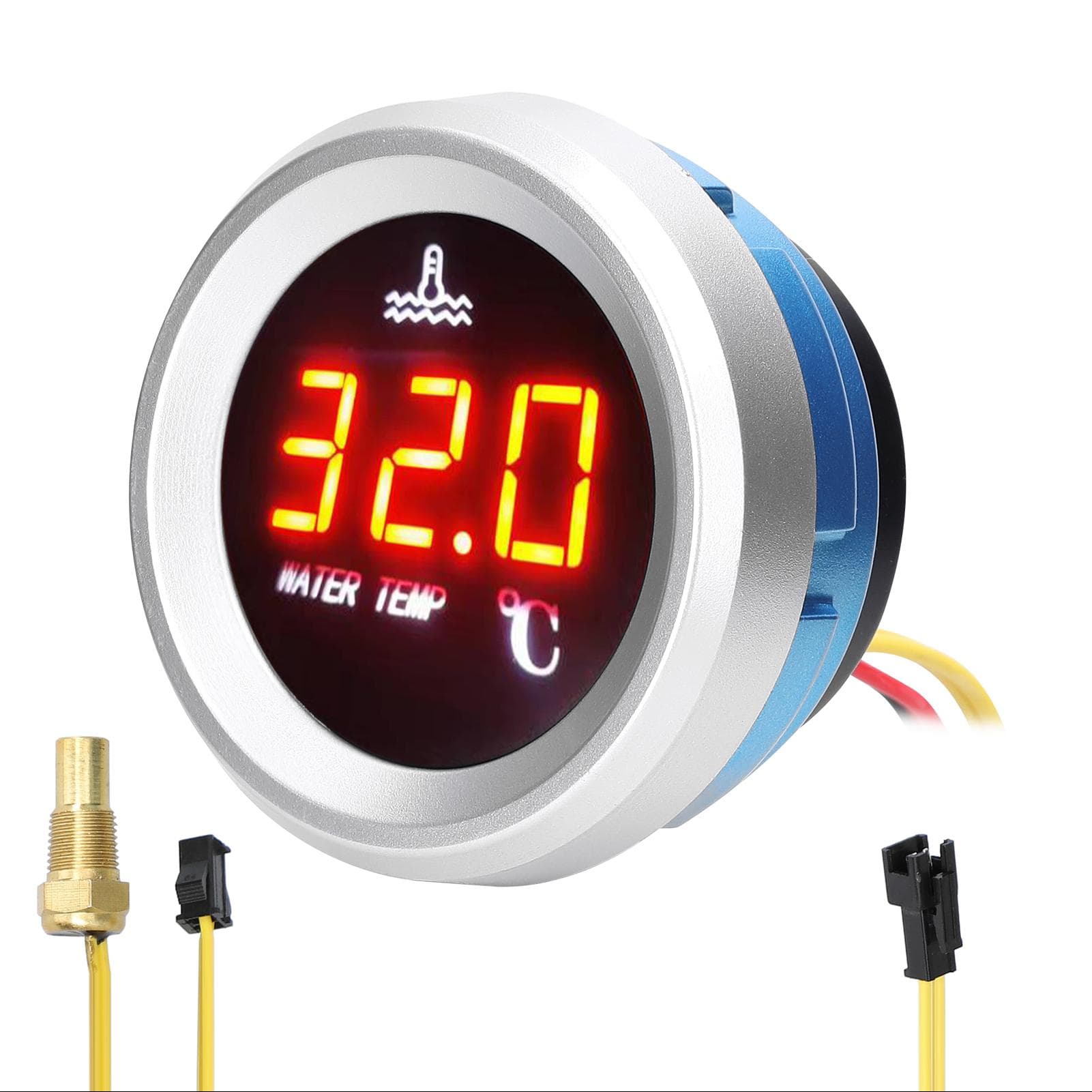 52mm Water Temperature Gauge Car Digital Meter LED Display 9-36V with Temperature Sensor Alarm black