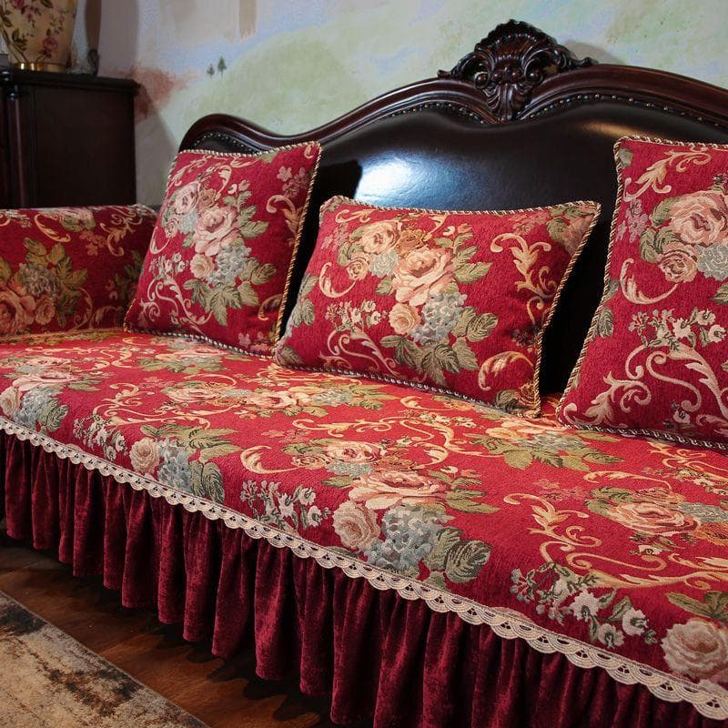 Embroidered Irregular Edge Sofa Cover Chenille Non Slip Sofas Towel Pillowcase European Style Red Green Sofa Cushion with Hem 90x130cm 1pcs