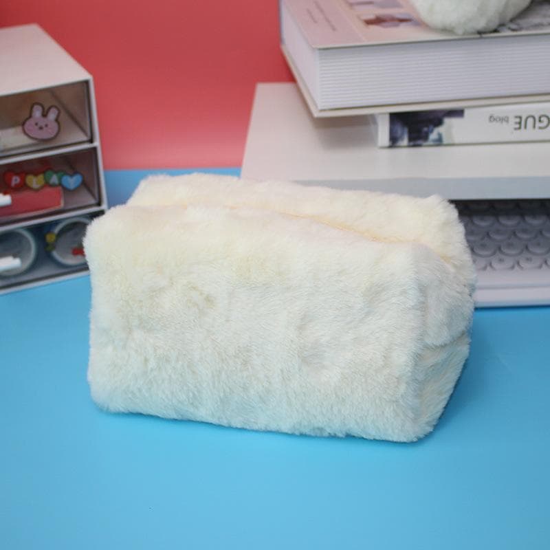 Zipper Large Solid Color Cosmetic Bag Cute Fur Makeup Bag for Women Travel Make Up Toiletry Bag Washing Pouch Plush Pen Pouch beige