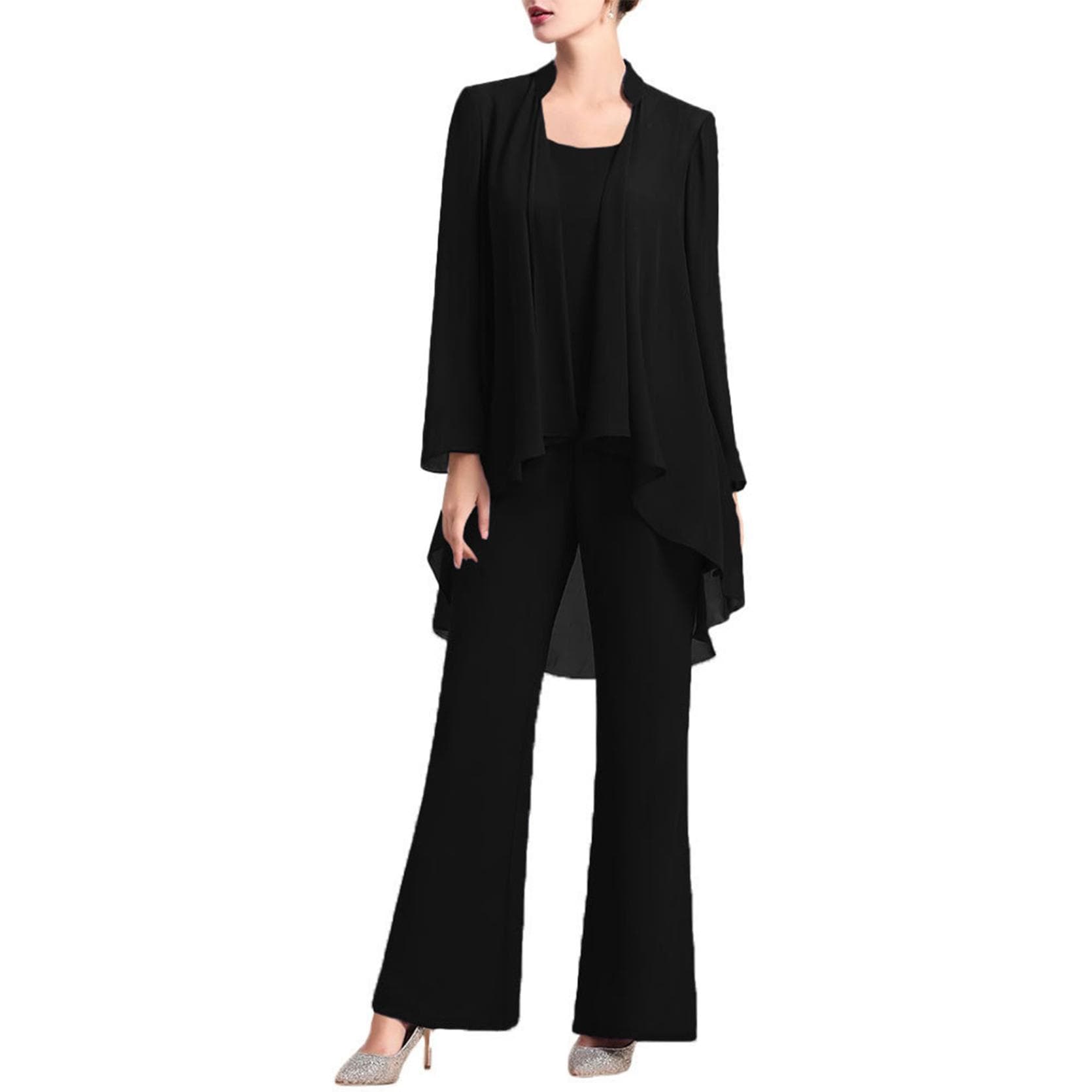 Womens 3 Pieces Chiffon Mother of The Bride Pants Suits for Wedding Guest Formal Evening Gown 3XL black