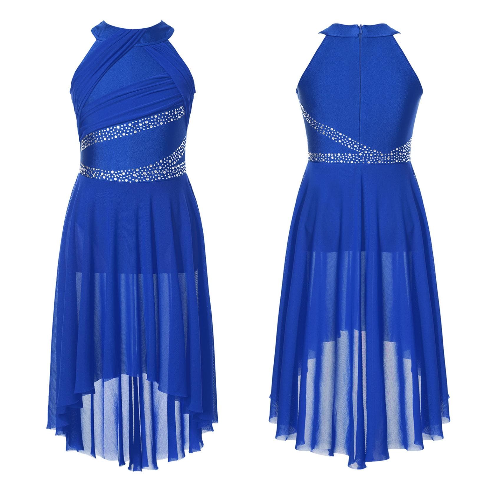 Kids Girls Sleeveless Shiny Rhinestone Lyrical Ballet Leotard Dress Contemporary Modern Latin Dance Costume 13-14 Years royal blue