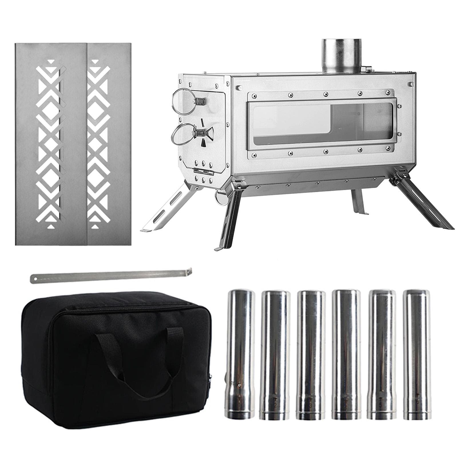 Stainless Steel Folding Tent Stove Portable Outdoor Wood Burning Stove with Chimney Pipe silver