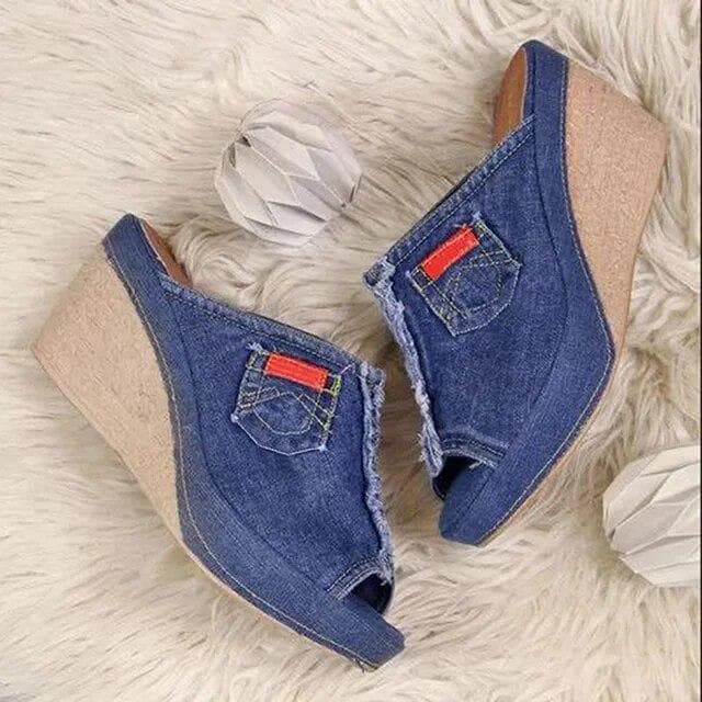 Women's Denim Sandals Slippers Platform Sandals  Summer Women's Fish Mouth Platform High Heels Wedges 43 blue