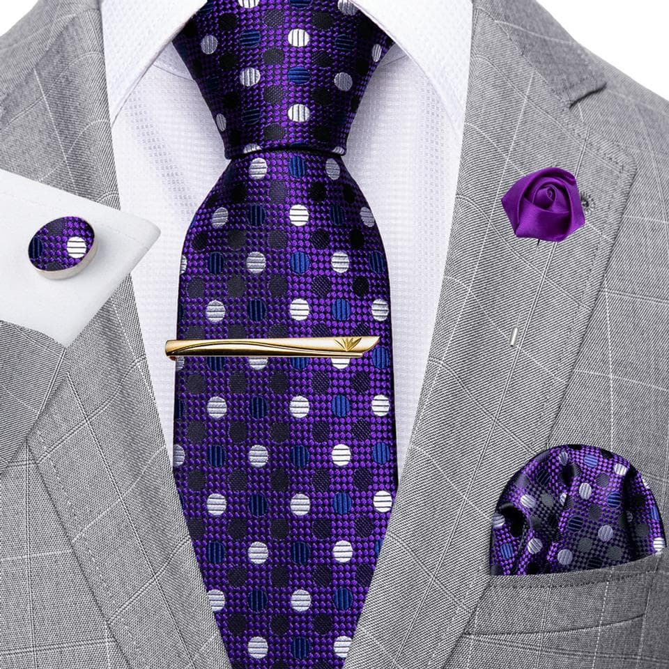 Barry.Wang Men Purple Ties Necktie Tie Clip Boutonniere Hanky Cufflinks Black Silk Ties Set for Business Wedding Dating N-5289