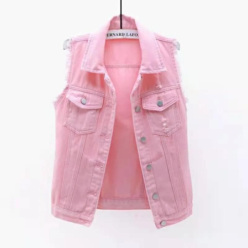 Fashion Sleeveless Jacket Ragged Cuffs Design Multi Color Denim Vest Women's Ripped Cardigan Short Top Slim Spring and Summer S