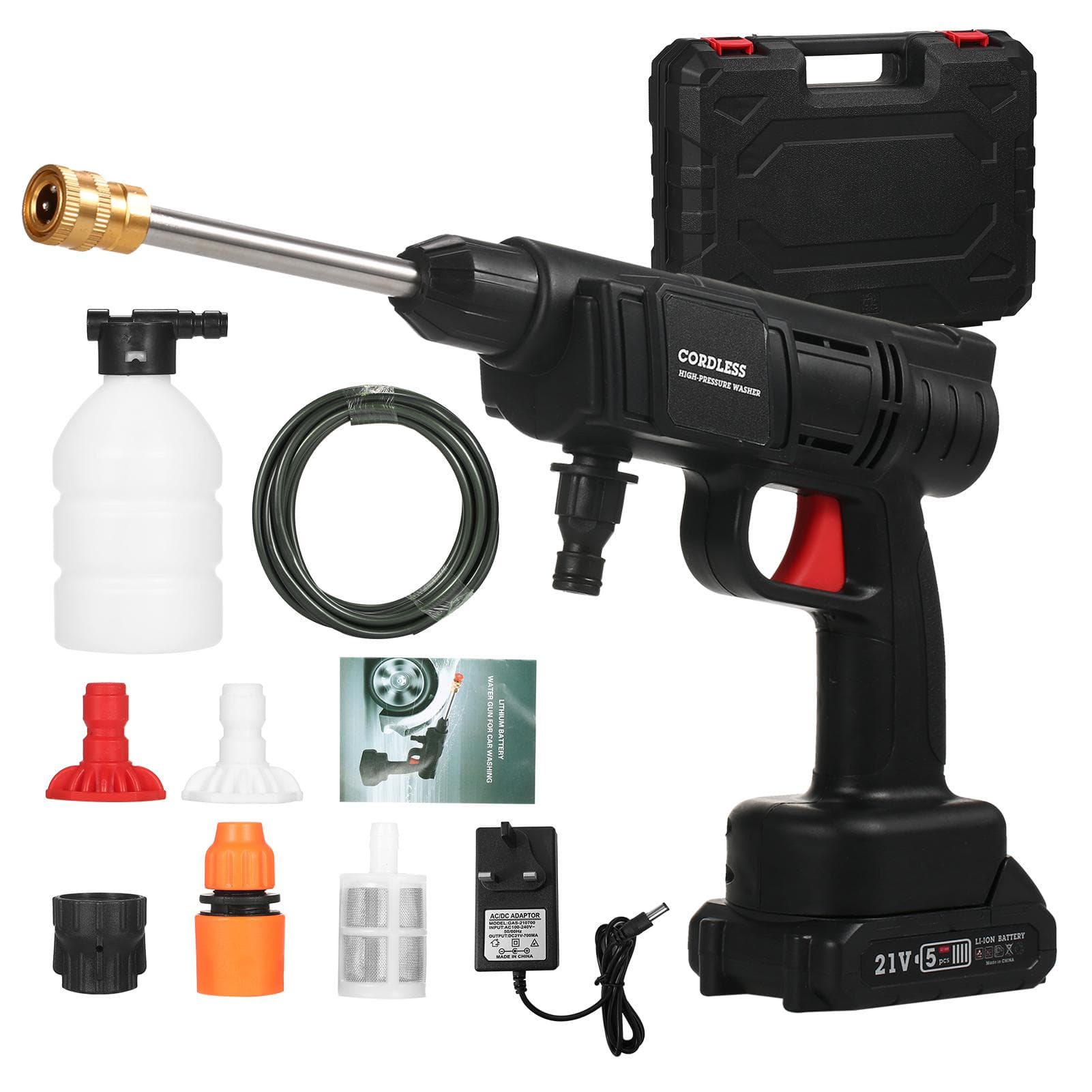21V Cordless Portable Car Washer Electric High Pressure Cleaner 24.5Bar Car Washing Plant Watering 1pcs Battery & UK Plug black